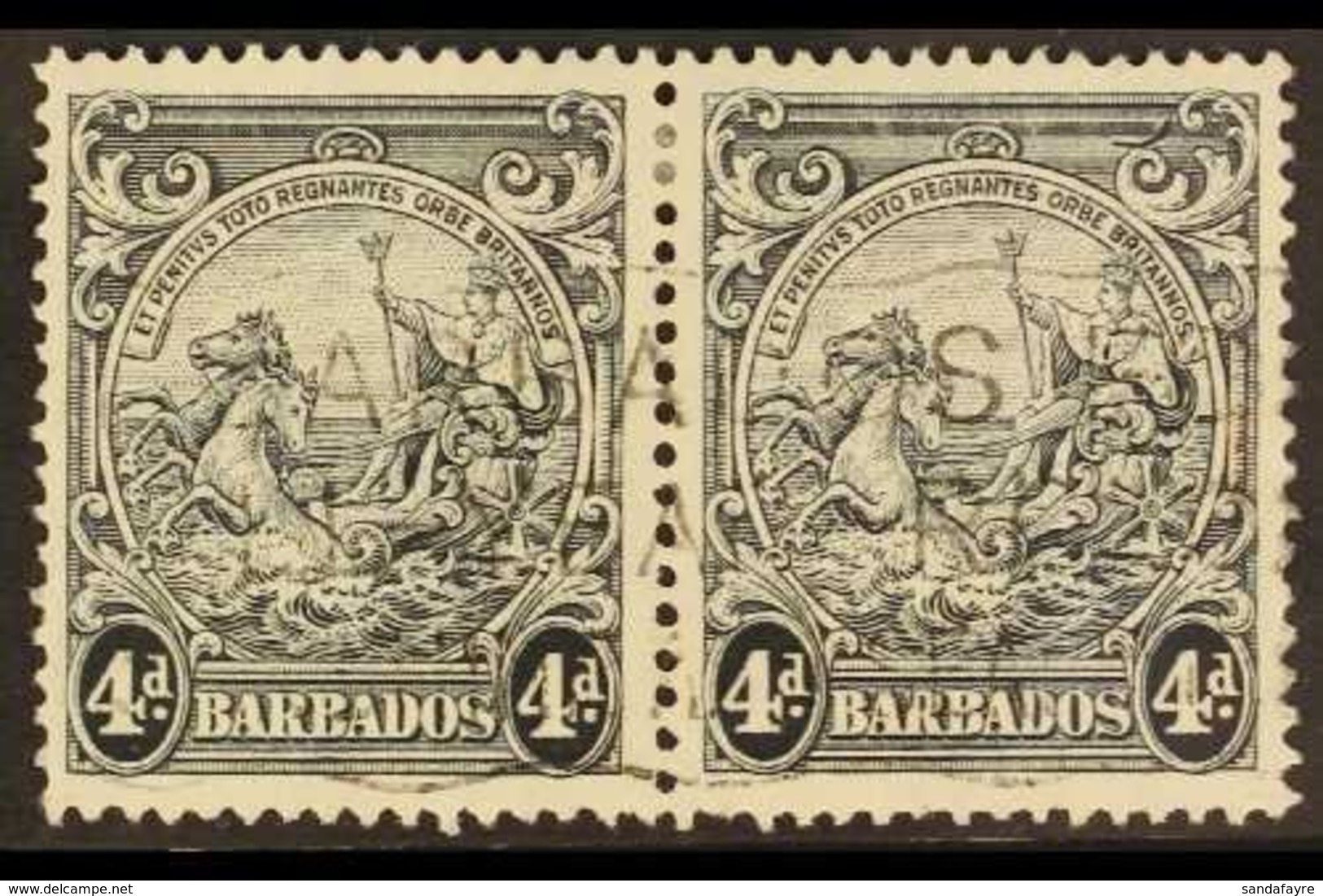 1938 4d Black Badge Of The Colony, Curved Line At Top Right, SG 253b, Within A Horizontal Pair With Light Machine Cancel - Barbados (...-1966)