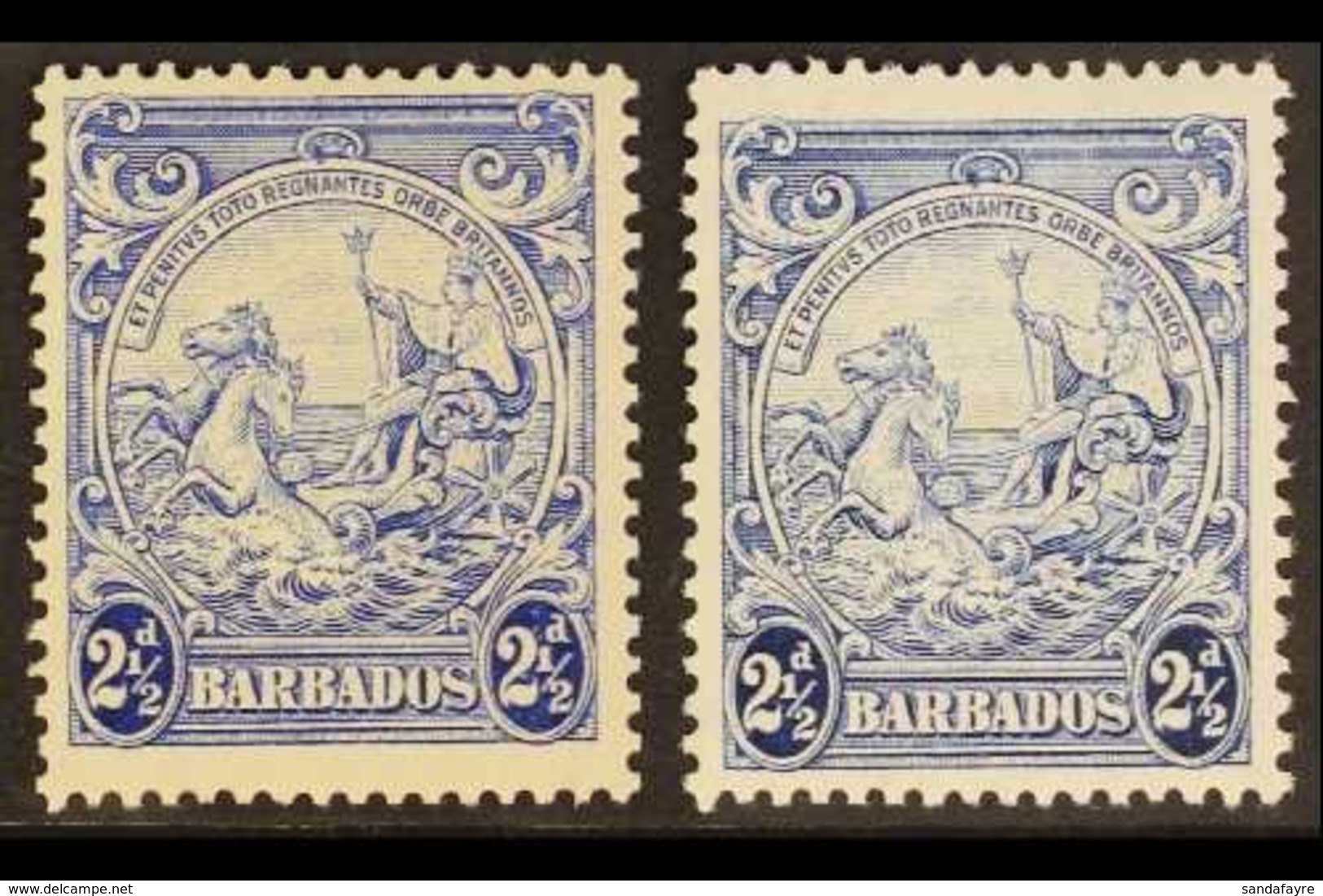 1938-44 2½d Ultramarine And 2½d Blue Badge Of The Colony, Each Showing Mark On Central Ornament, SG 251a, 251bb, Very Fi - Barbados (...-1966)