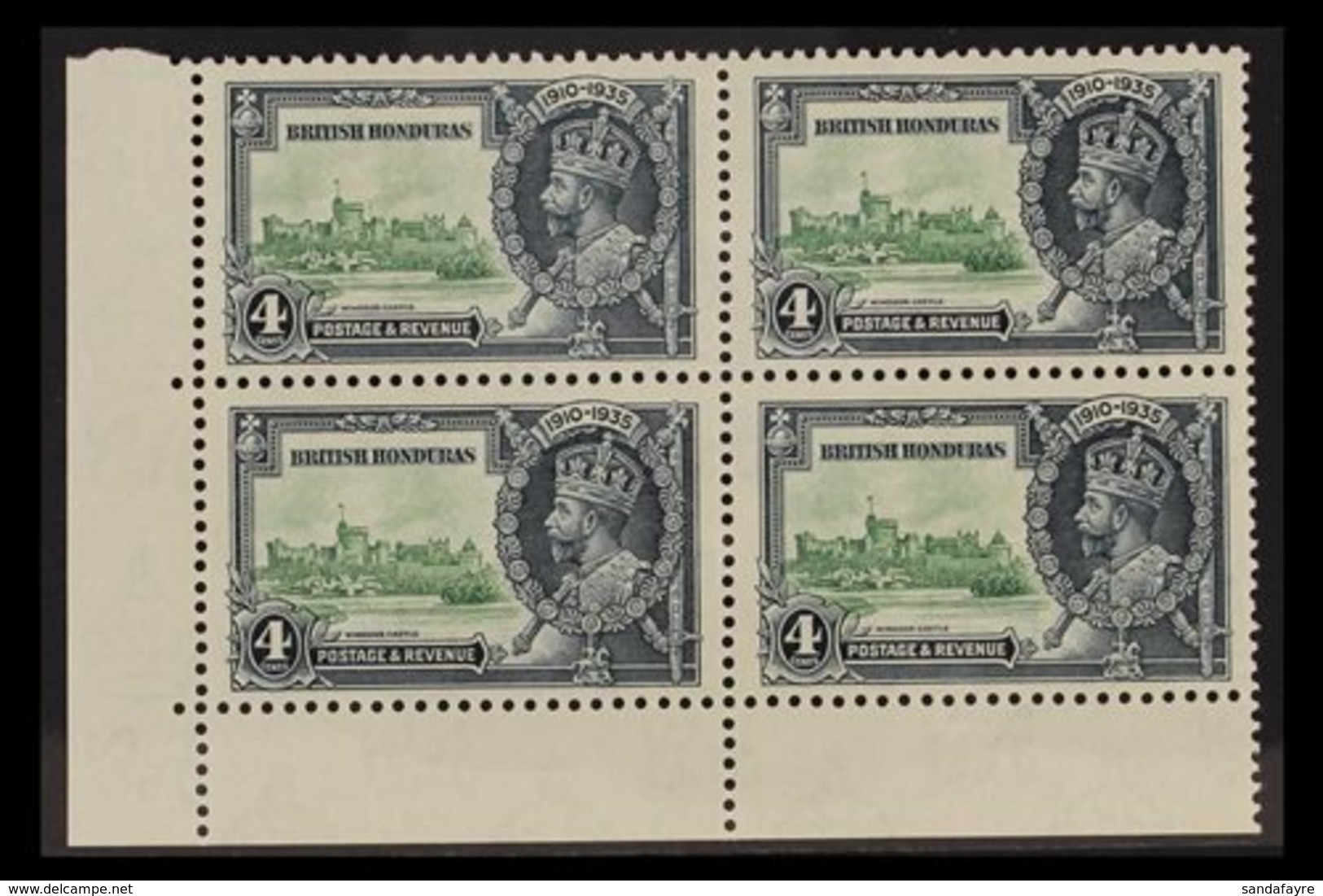 1935 SILVER JUBILEE VARIETY 4d Green & Indigo Lower Left Corner Block Of 4 Bearing The "EXTRA FLAGSTAFF" Variety, SG 144 - Honduras Británica (...-1970)