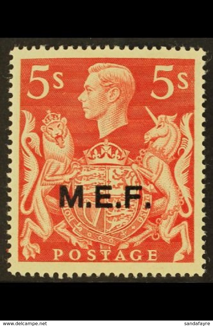 MIDDLE EASTERN FORCES 1943 5s Red Geo VI Ovptd "MEF", Showing The Variety "Positional T On Kings Head", Commonwealth Spe - Africa Orientale Italiana