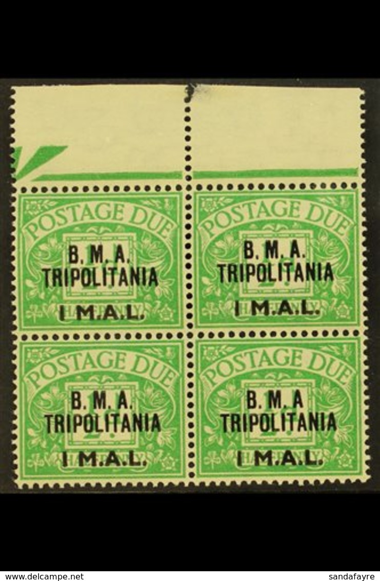 TRIPOLITANIA POSTAGE DUES 1948 1L On ½d Emerald, Marginal Block Of 4, One Copy Showing The Variety "No Stop After A", SG - Italian Eastern Africa