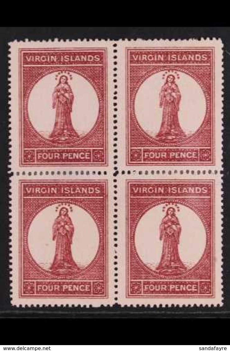 1867-70 4d Lake-red On Pale Rose, SG 15, Fine Unused No Gum BLOCK Of 4, Some Perf Reinforcement, Fresh & Attractive. (4  - British Virgin Islands