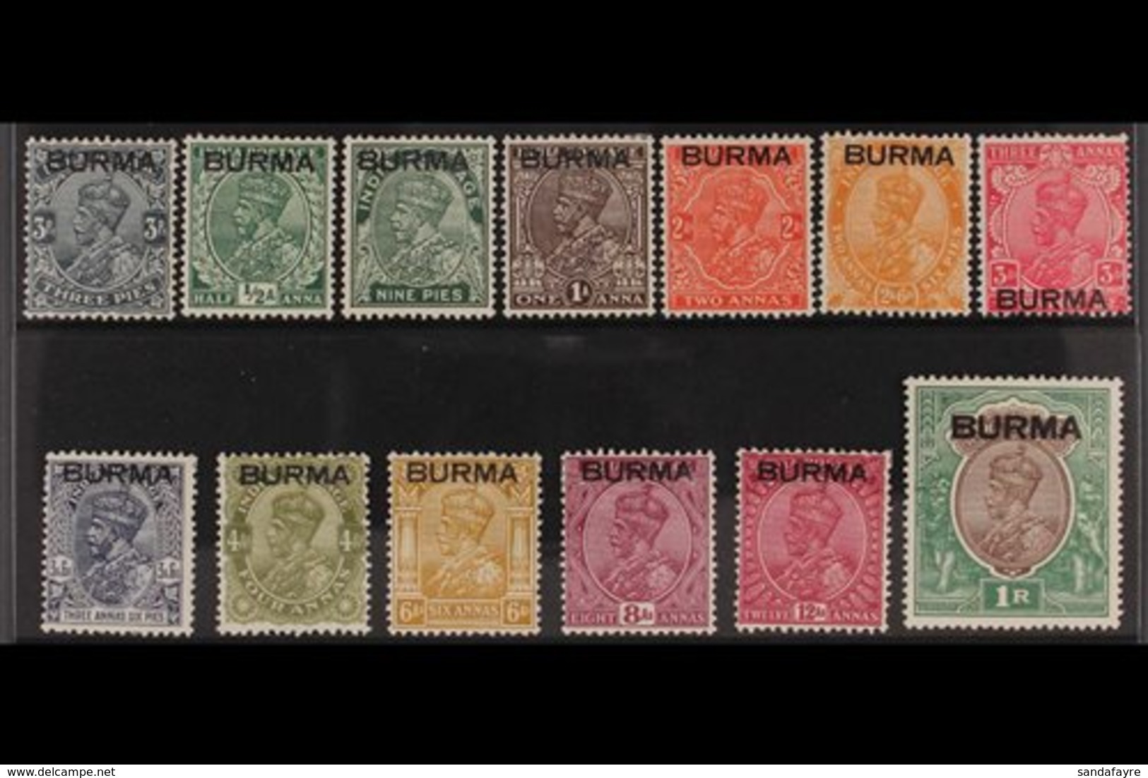 1937 KGV India Stamps Overprinted Set To 1r, SG 1/13, Fine Mint. (13 Stamps) For More Images, Please Visit Http://www.sa - Birmania (...-1947)