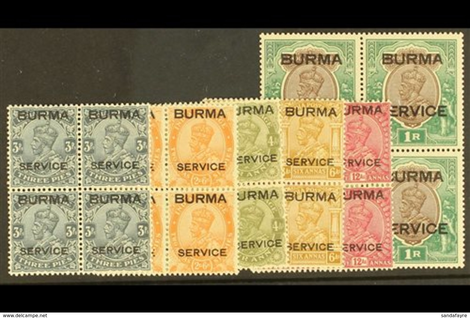 OFFICIALS. 1937 Selection Of Superb Never Hinged Mint BLOCKS OF FOUR Of The 3p, 2a6p To 6a, 12a & 1r Values SG O1, O6/8  - Birma (...-1947)