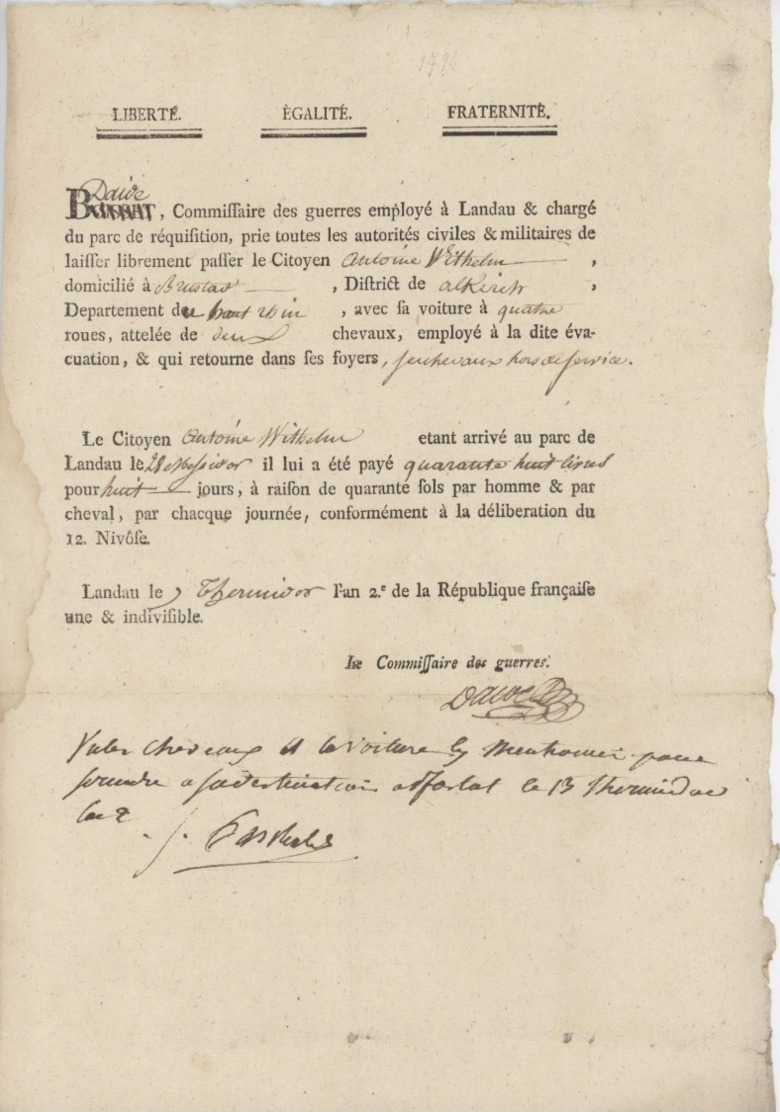 Landau An 2 - 27.7.1794 Laisser Passer D'Antoine Withelm De Brunstatt - Documents Historiques