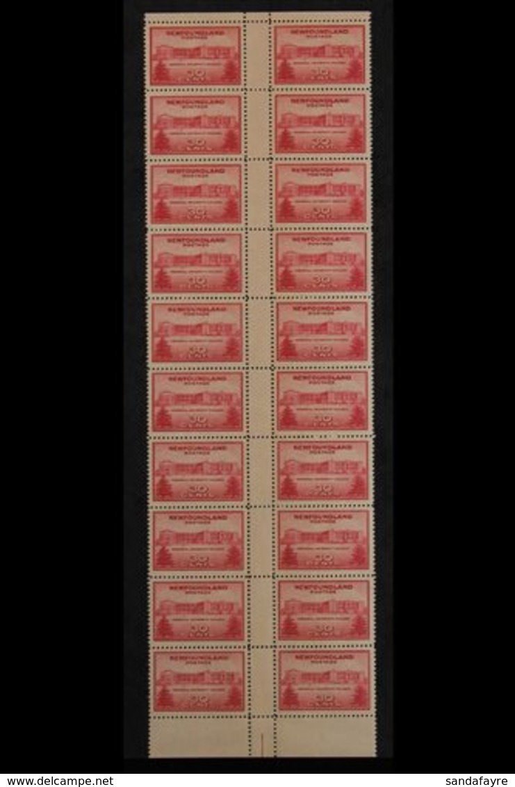 1943 30c Carmine, Memorial University College, Vertical GUTTER BLOCK Of 20 With Margins At Top & Bottom, Unitrade 267i,  - Andere & Zonder Classificatie