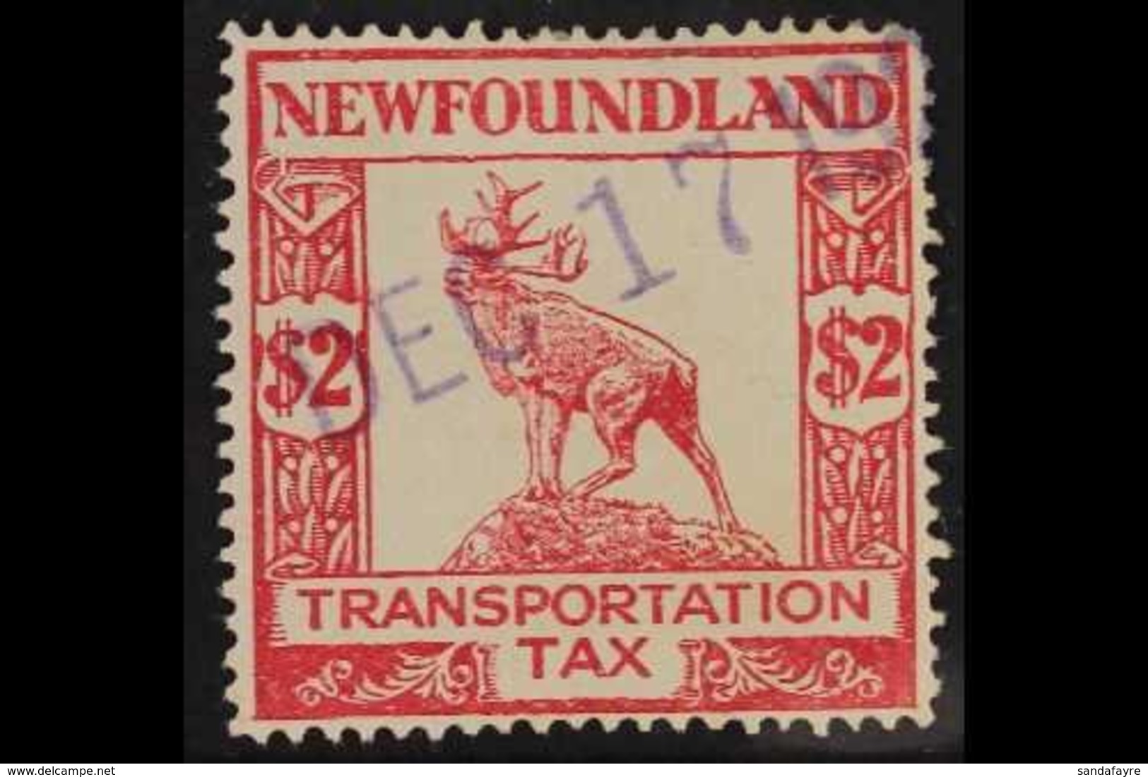 REVENUE - TRANSPORTATION TAX 1927 $2 Red Transportation Tax "Caribou" Revenue, No Wmk, Perf 14 X 14, Barefoot 2, (Van Da - Altri & Non Classificati