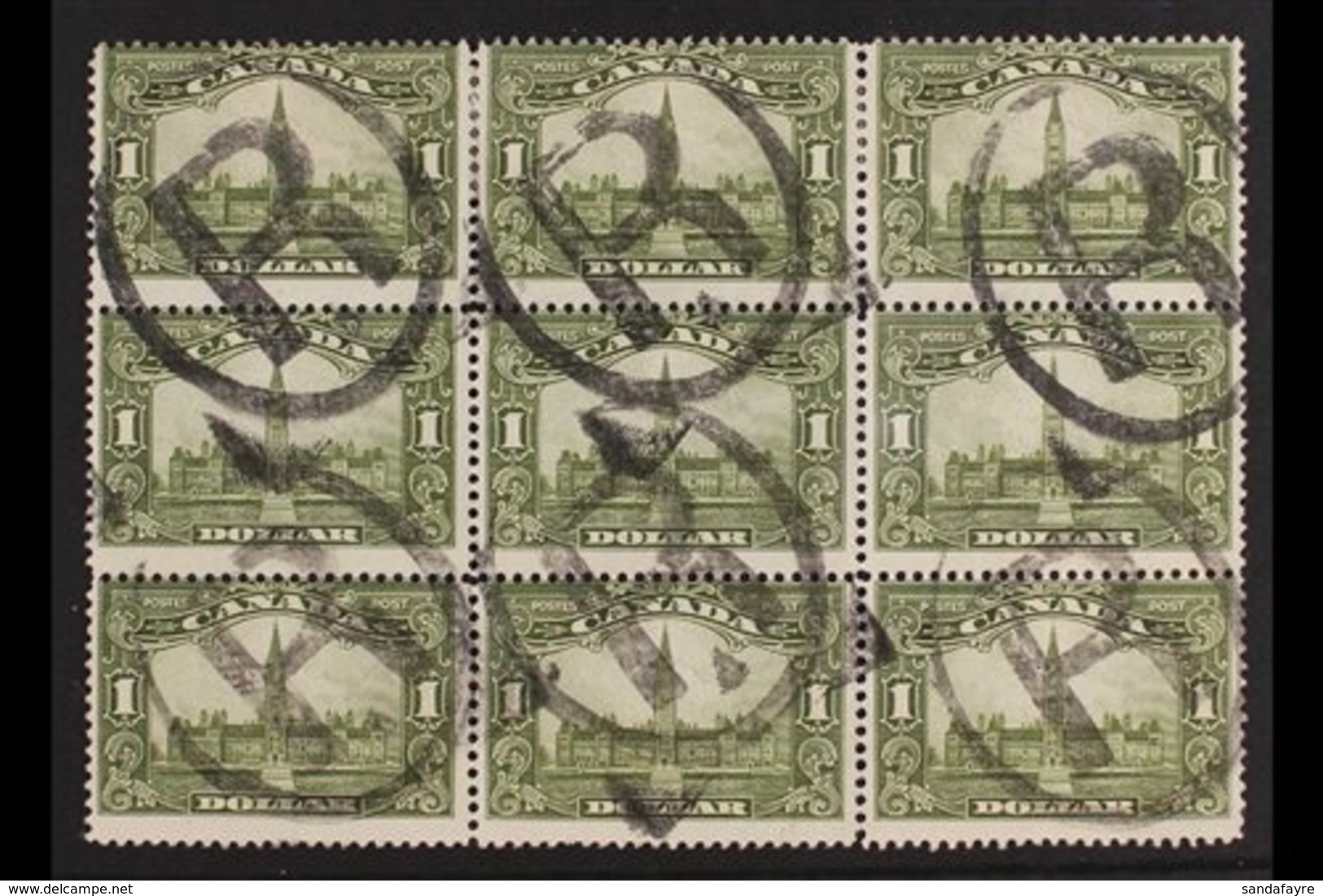 1928-29 $1 Olive-green Parliament Buildings, SG 285, Used BLOCK Of 9 Cancelled By Large "R" In Oval Registration Cancels - Autres & Non Classés