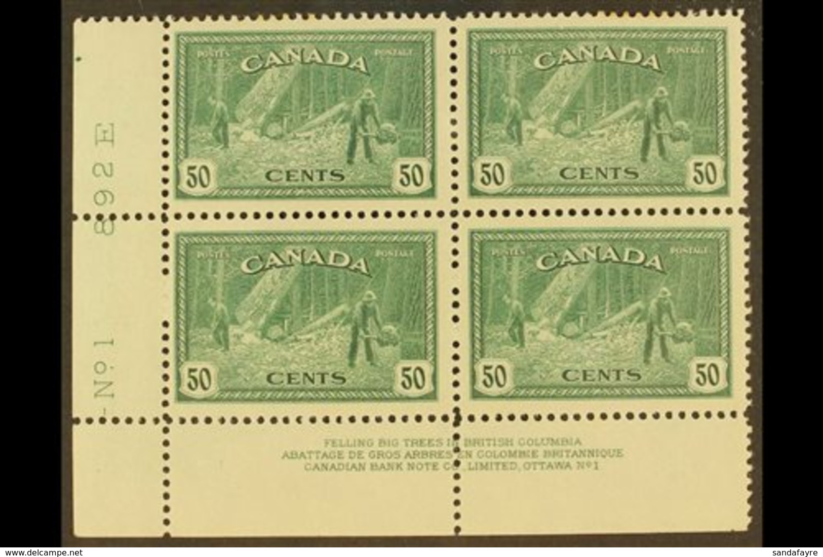1946 50c Lumbering, SG 405, Uni 272, Very Fine Mint Corner Plate Block (No 1), Top Pair Hinged.  For More Images, Please - Andere & Zonder Classificatie