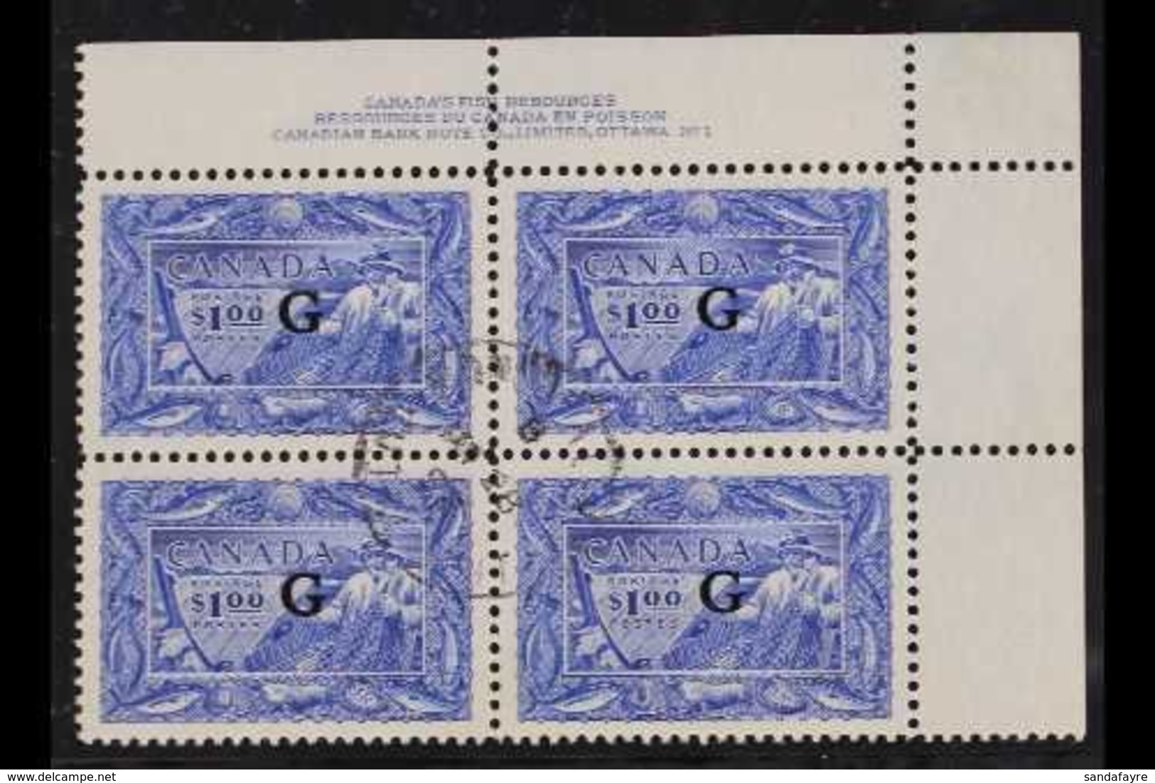 OFFICIALS 1950-51 $1 Ultramarine Fisherman With "G" Overprint, SG O192, Superb Cds Used Upper Right Corner PLATE '1' BLO - Other & Unclassified