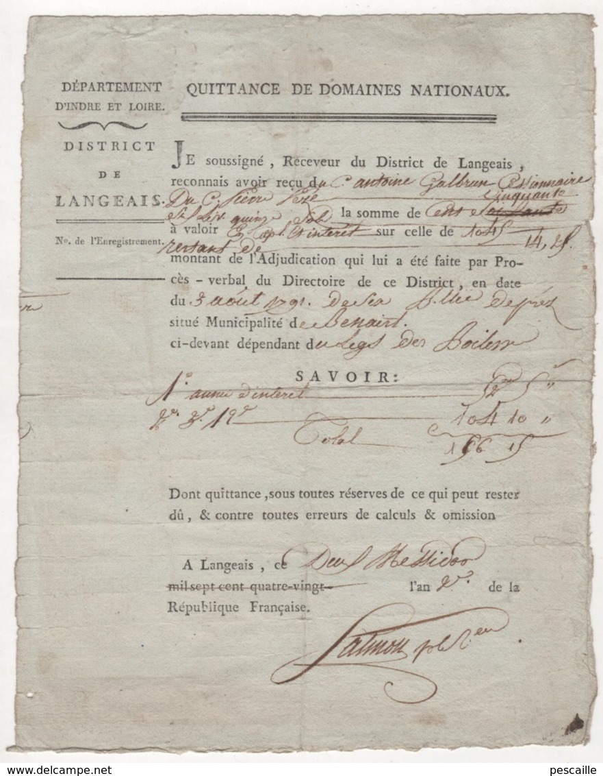 37 - DEPARTEMENT D'INDRE & LOIRE DISTRICT DE LANGEAIS QUITTANCE DE DOMAINES NATIONAUX DEUX MESSIDOR AN 2 BENAIRT  BENAIS - Manoscritti