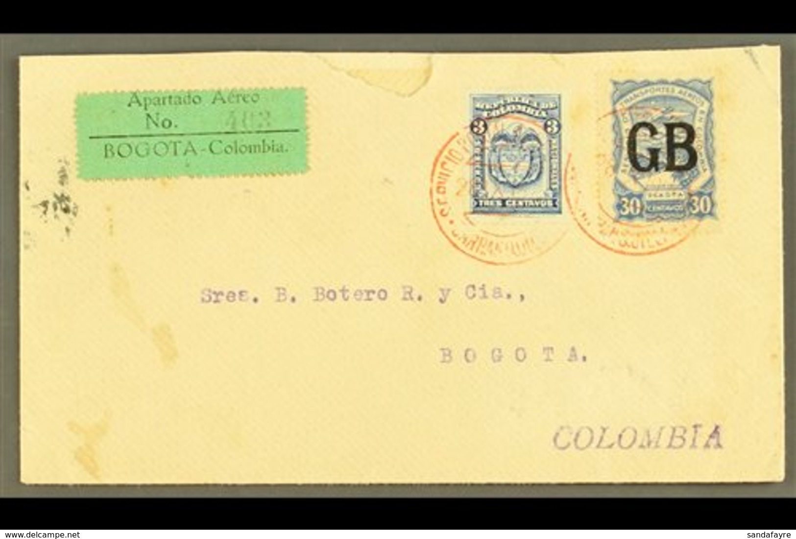 SCADTA 1925 (28 Oct) Cover From England Addressed To Bogota, Bearing Colombia 3c And SCADTA 1923 30c With "GB" Consular  - Colombia