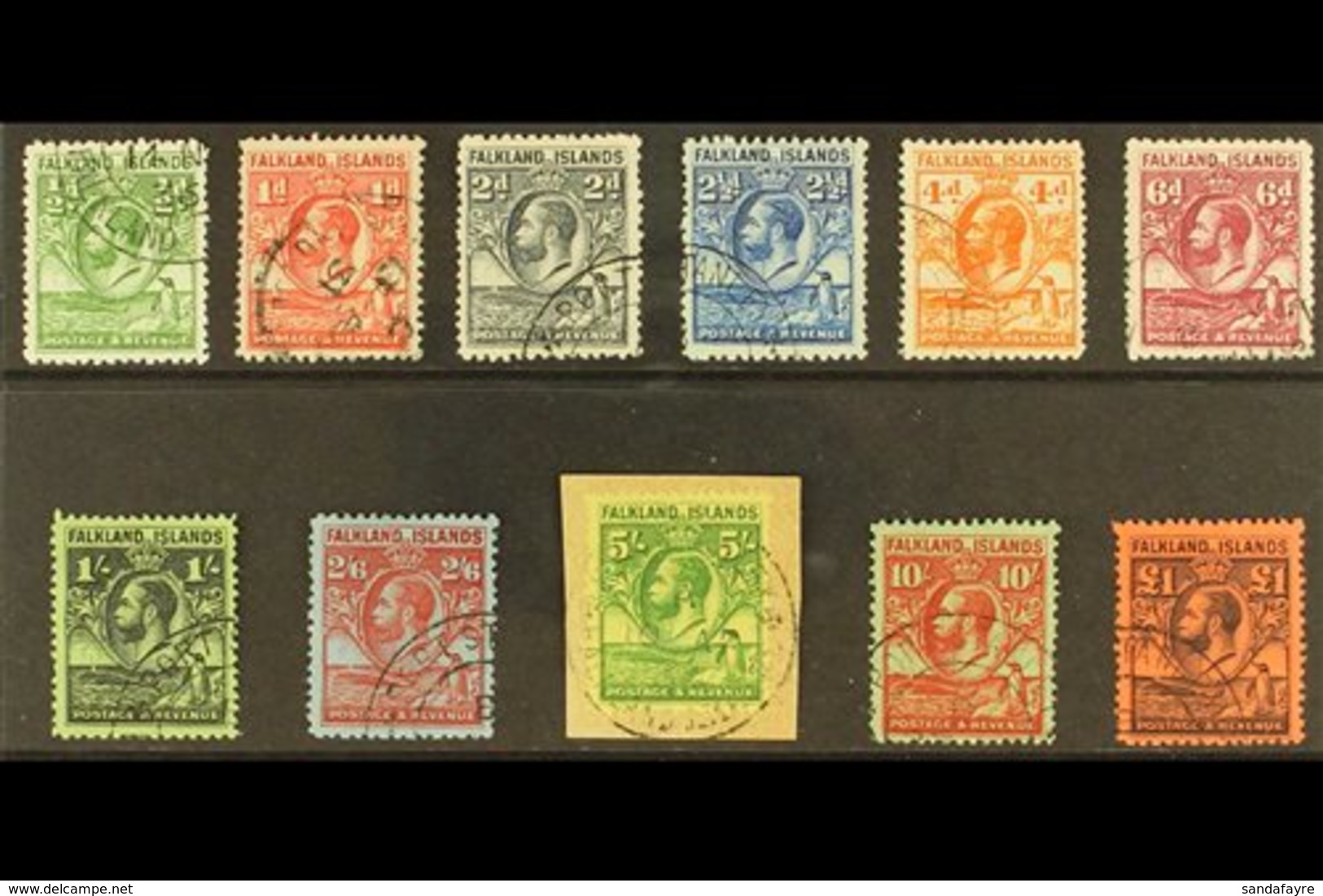 1929-37 KGV "Fin Whale And Gentoo Penguins" Complete Set, SG 116/26, Very Fine Used, The 5s Tied On Small Piece. Lovely! - Falkland
