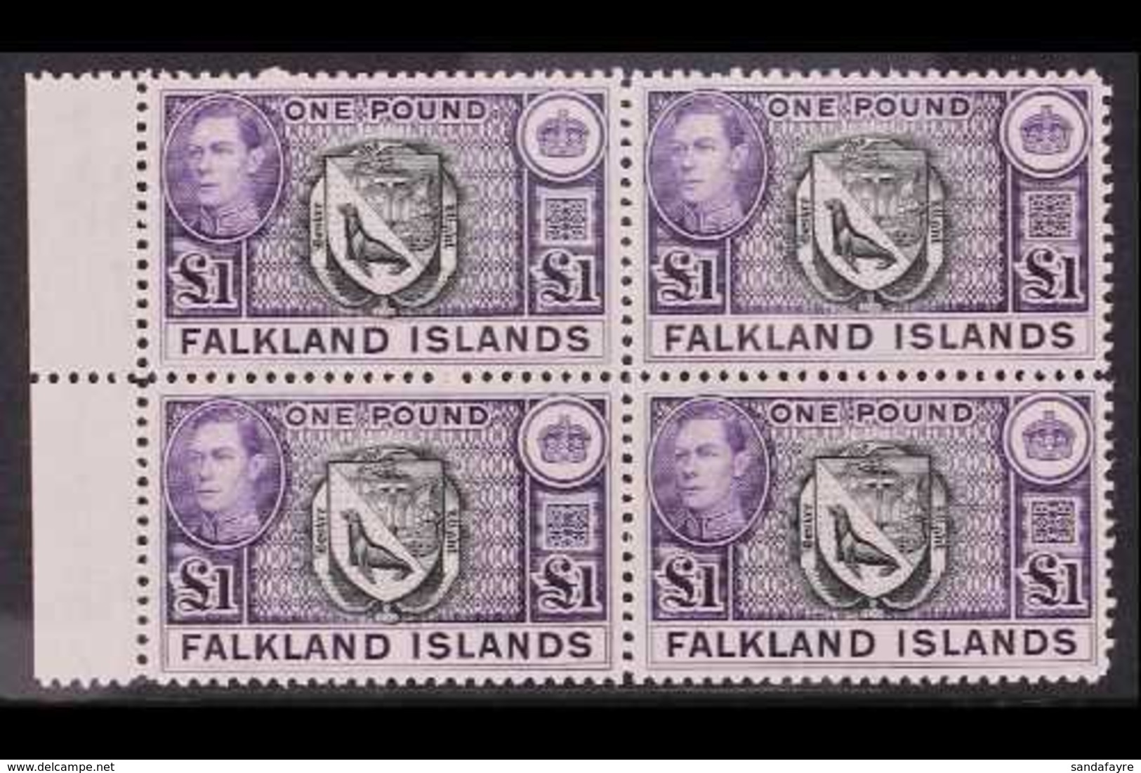 1938 £1 Black And Violet Arms, SG 163, Superb Never Hinged Mint Marginal Block Of Four. For More Images, Please Visit Ht - Falkland Islands