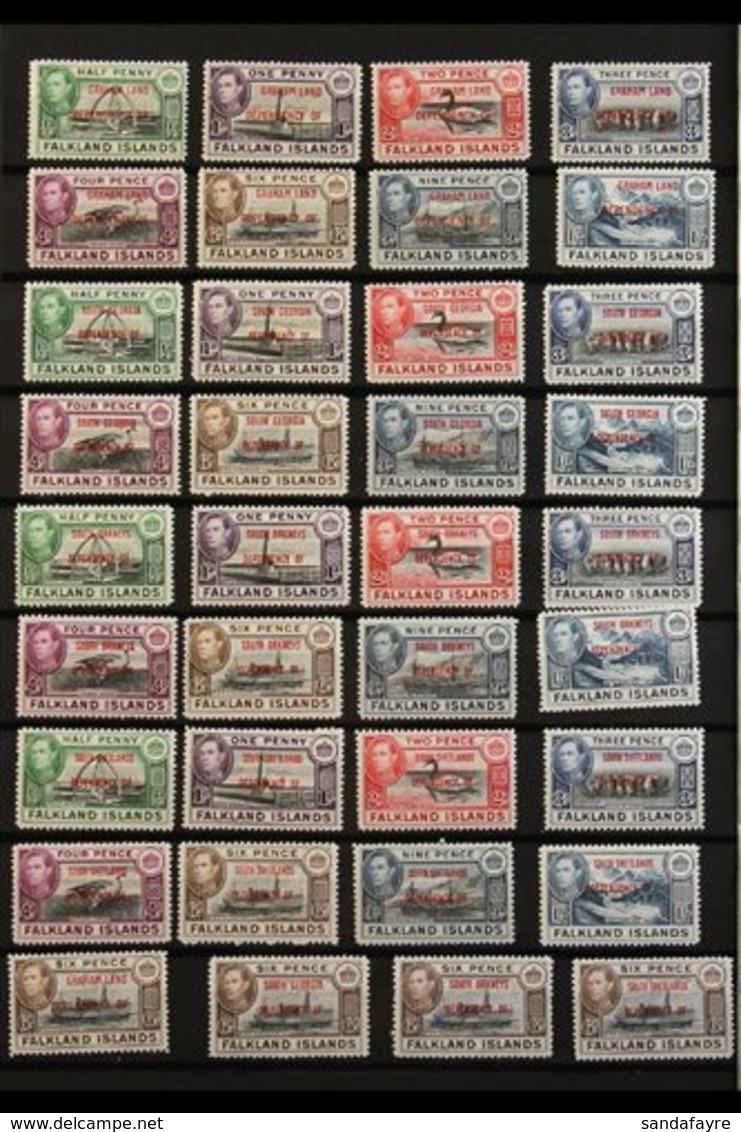 1944-45 Overprinted Complete Sets For All Four Dependencies, SG A1/D8, Including All Four 6d Additional Shades, SG A6a/D - Islas Malvinas