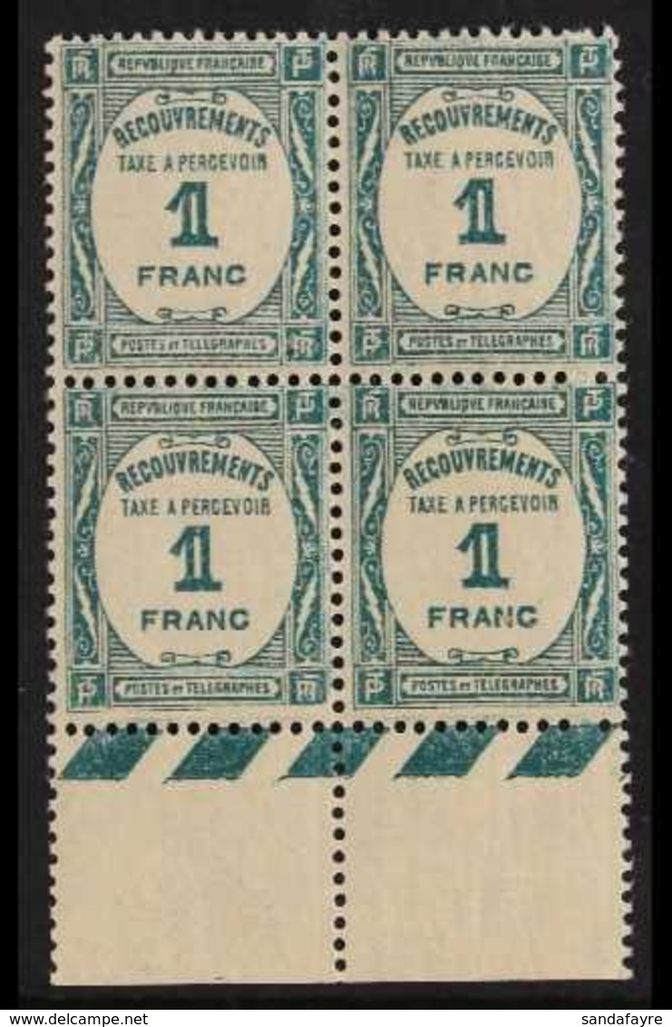 POSTAGE DUES 1927-31 1f Deep Bluish Green (Yvert 60, SG D459), Never Hinged Mint Lower Marginal BLOCK Of 4, Fresh. (4 St - Autres & Non Classés