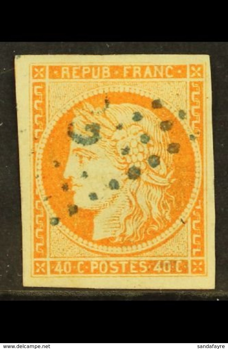 GUADELOUPE 1871 40c Orange, Ceres, Yv 13, Superb Used With Blue Dotted Lozenge "GPE" Cancel. For More Images, Please Vis - Altri & Non Classificati