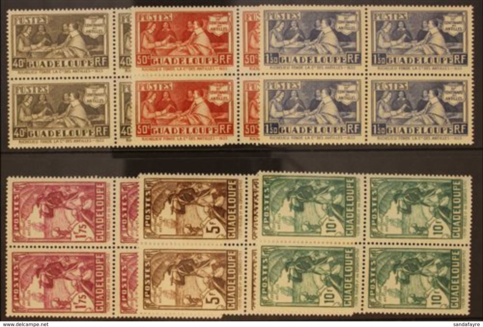 GUADELOUPE 1935 Tercentenary Complete Set (Yvert 127/132, SG 151/56), Superb Mint BLOCKS Of 4 (three Stamps In All Block - Sonstige & Ohne Zuordnung