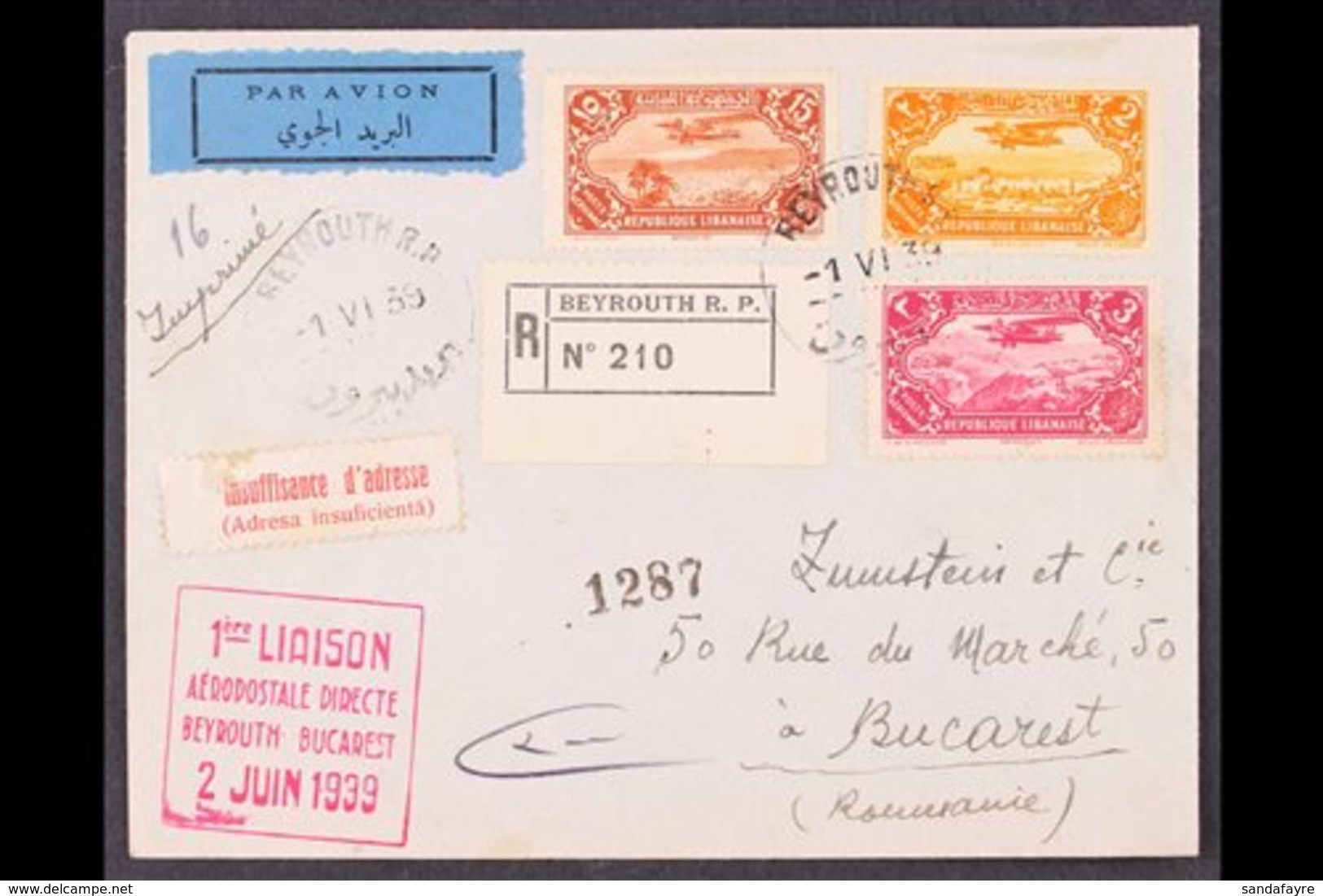 LEBANON 1939 (JUNE) Registered Air Mail Cover To Romania Bearing 1930-31 Air 2pi, 3pi, And 15pi Tied By "BEYROUTH R.P."  - Sonstige & Ohne Zuordnung