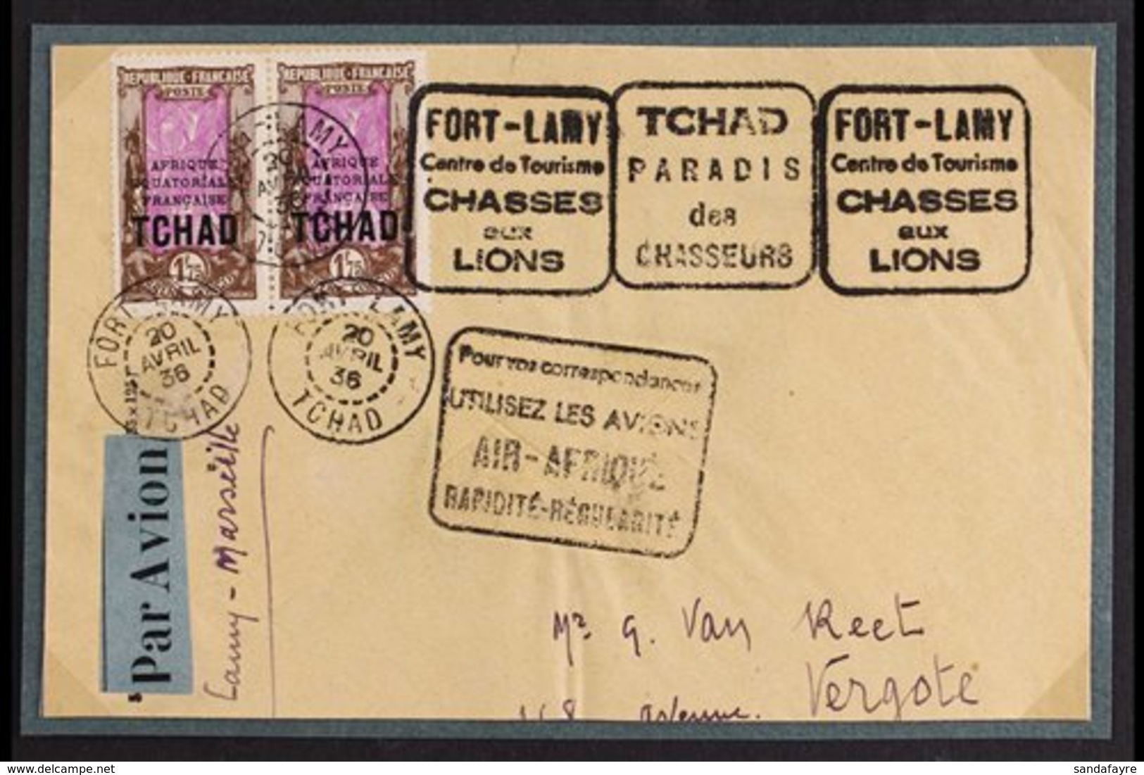 TCHAD 1936 Large Part Air Mail Cover Front Bearing 1924-33 1fr75 "TCHAD" Opt On AEF Opts, SG 46, Very Fine Used Horiz Pa - Altri & Non Classificati