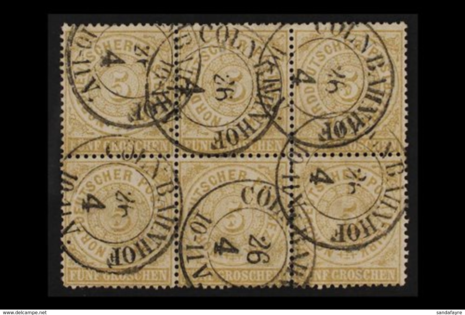 NORTH GERMAN CONFEDERATION 1869-70 Northern District 5g Bistre (Mi 18, SG 29) BLOCK OF SIX With Fine "COLN BAHNHOF" Doub - Other & Unclassified