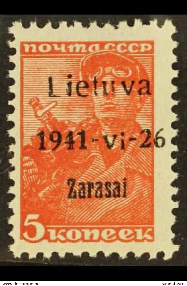 LITHUANIA 1941 5k Red Ovptd Zarasai, Type I, Variety "Vi For VI", Mi 1a1var, Very Fine NHM. For More Images, Please Visi - Andere & Zonder Classificatie