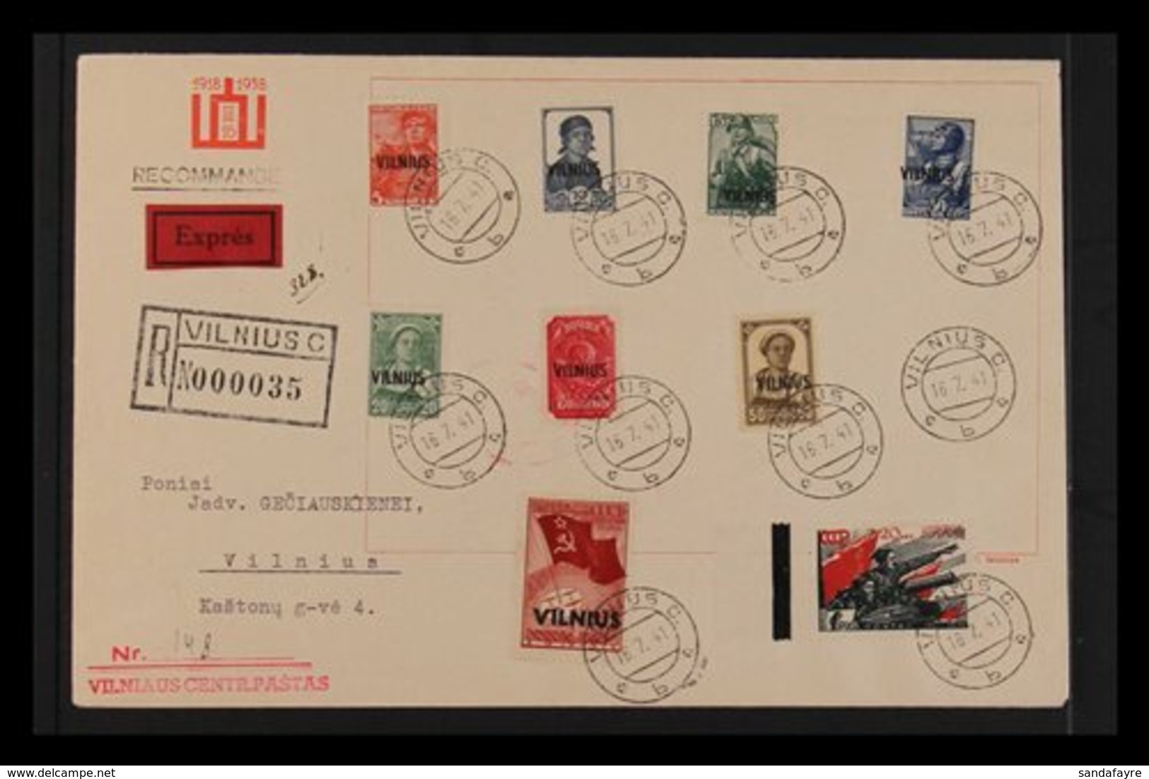 LITHUANIA VILNIUS 1941 Overprints Complete Set (Michel 10/18, SG 10/18) Superb Used On Registered Express Locally Addres - Sonstige & Ohne Zuordnung