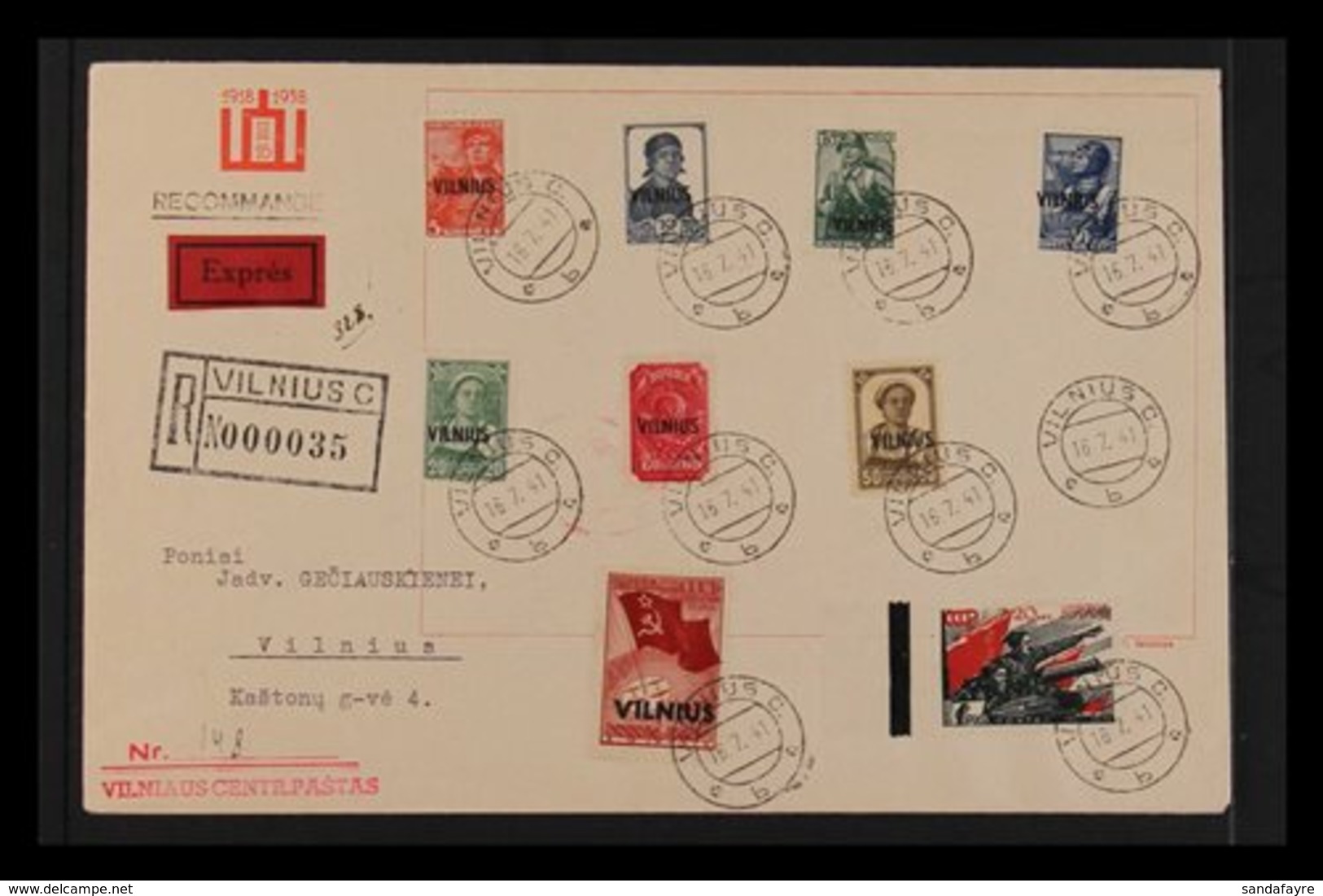 LITHUANIA VILNIUS 1941 Overprints Complete Set (Michel 10/18, SG 10/18) Superb Used On Registered Express Locally Addres - Andere & Zonder Classificatie