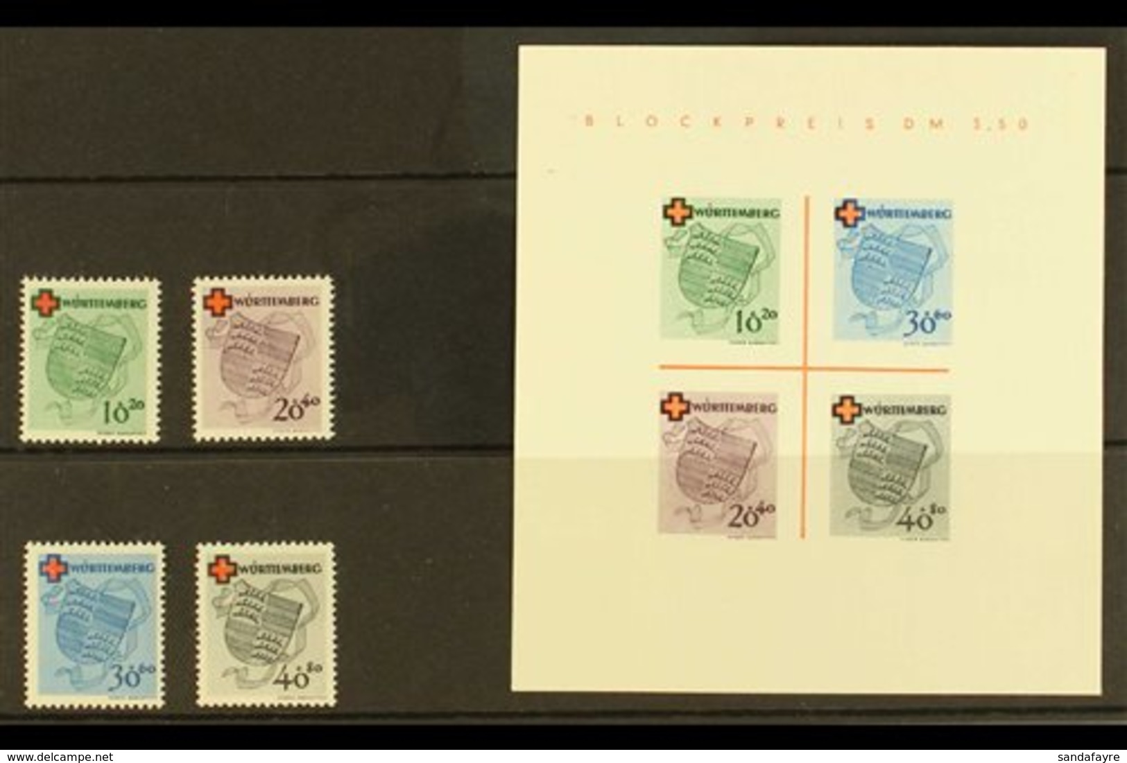 FRENCH ZONE WURTTEMBERG 1949 Red Cross Complete Set & Mini-sheet Type I (Michel 40/43 & Block 1 I/I, SG FW40/43 & MSFW43 - Andere & Zonder Classificatie
