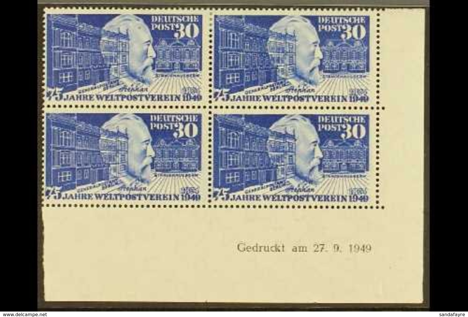 1949 30pf Ultramarine UPU (Michel 116, SG 1038), Superb Mint (lower Pair Never Hinged) Lower Right Corner DATED BLOCK Of - Andere & Zonder Classificatie