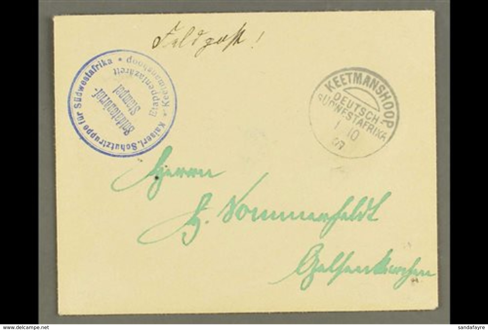 SOUTH WEST AFRICA 1907 (1 Oct) Stampless Feldpost Cover To Germany With Fine "KEETMANSHOOP" Cds Postmark Plus Very Fine  - Otros & Sin Clasificación