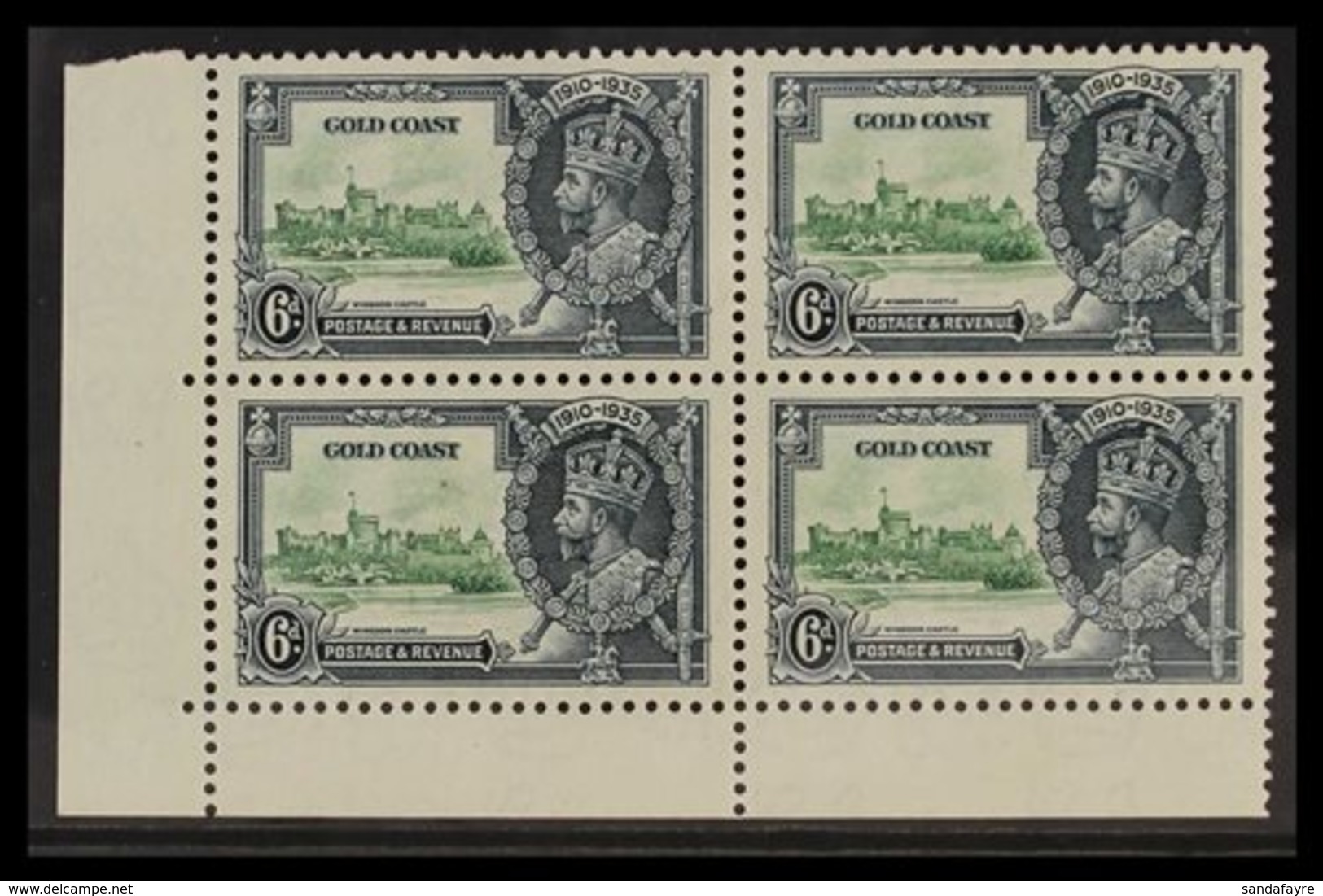1935 SILVER JUBILEE VARIETY 6d Green & Indigo Corner Block Of 4 Bearing "EXTRA FLAGSTAFF" Variety, SG 115/115a, Fine Min - Costa D'Oro (...-1957)
