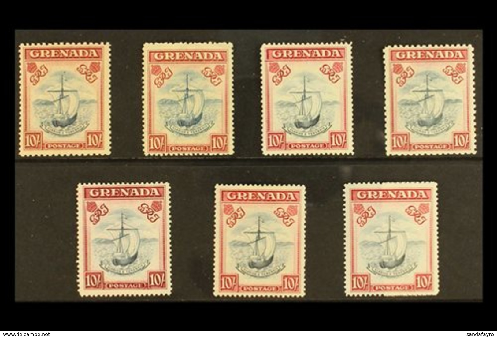 1938 - 1950 10s Blue And Carmine, Badge Of The Colony, Complete Set Of SG Listed Issues, SG 163 - 163f, Very Fine Mint.  - Grenada (...-1974)