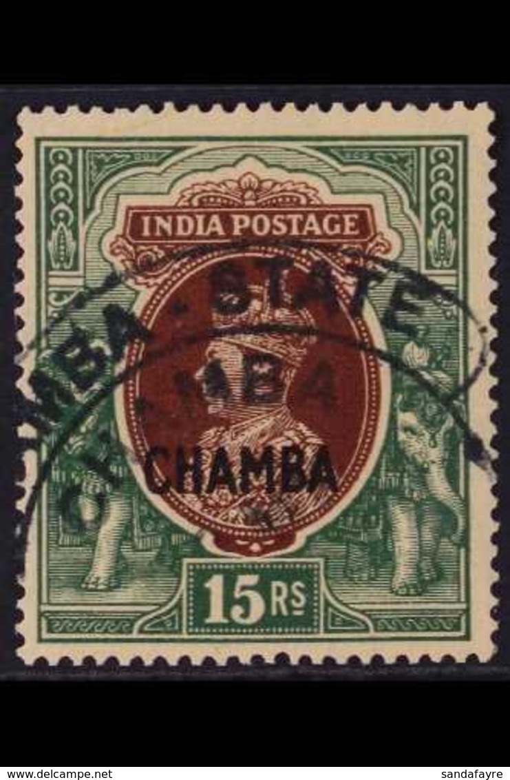 CHAMBA 1942-47 15r Brown & Green Overprint Watermark Inverted, SG 106, Very Fine Used With Fake "Chamba State" Large Cds - Altri & Non Classificati