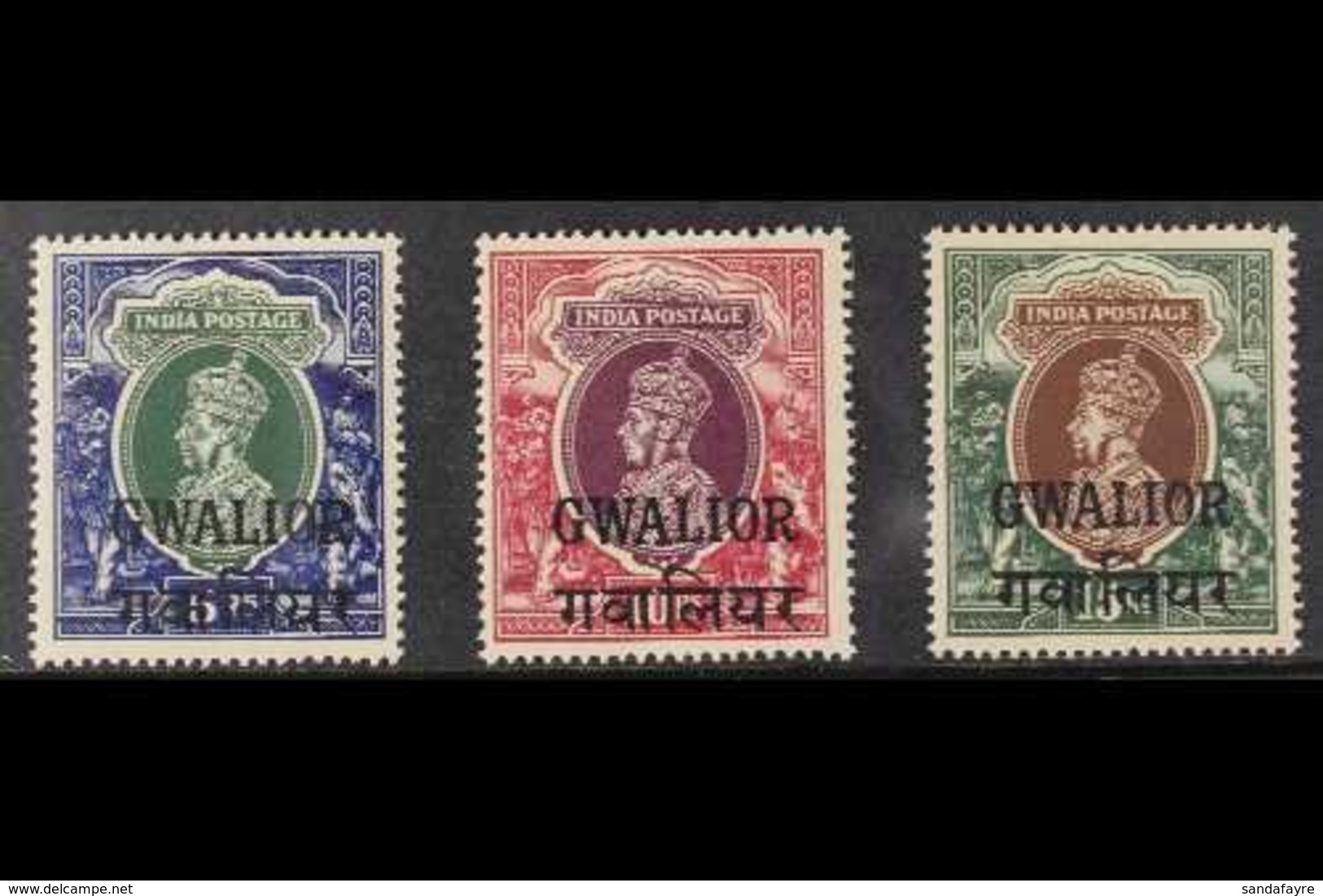 GWALIOR 1938-48 5r Green & Blue, 10r Purple & Claret And 15r Brown & Green Overprints, SG 114/16, Never Hinged Mint. (3  - Altri & Non Classificati