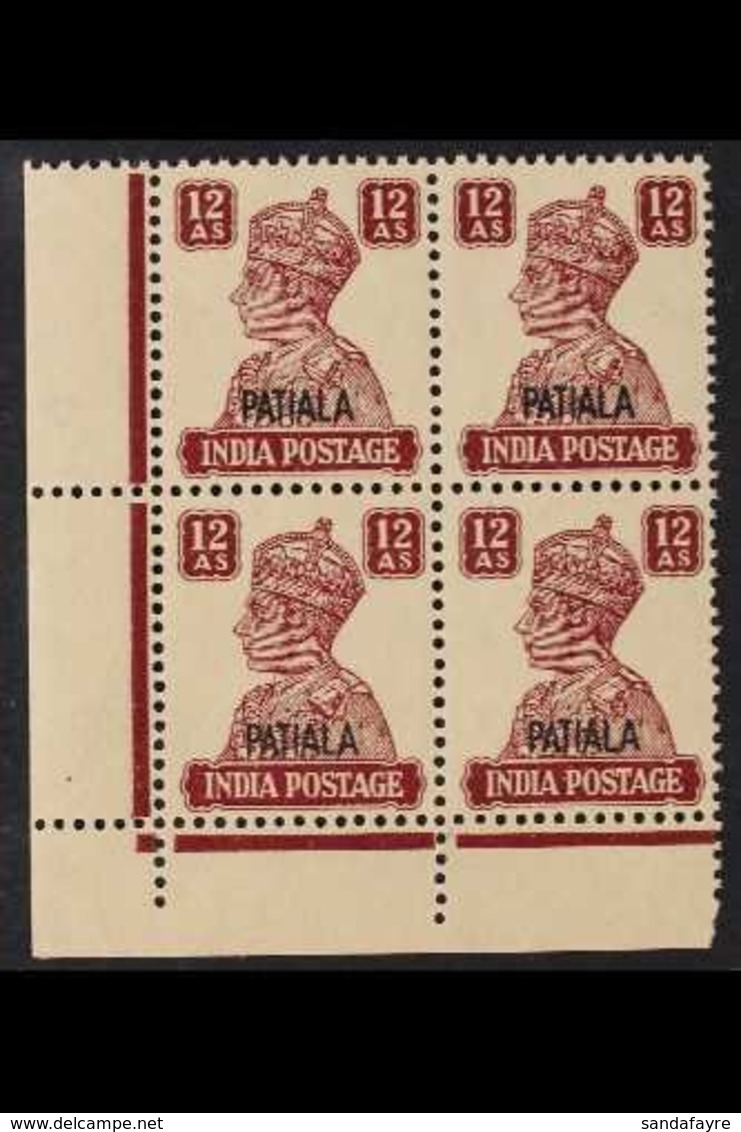 PATIALA 1941-46 12a Lake Overprint, SG 115, Never Hinged Mint Lower Left Corner BLOCK Of 4.  For More Images, Please Vis - Otros & Sin Clasificación