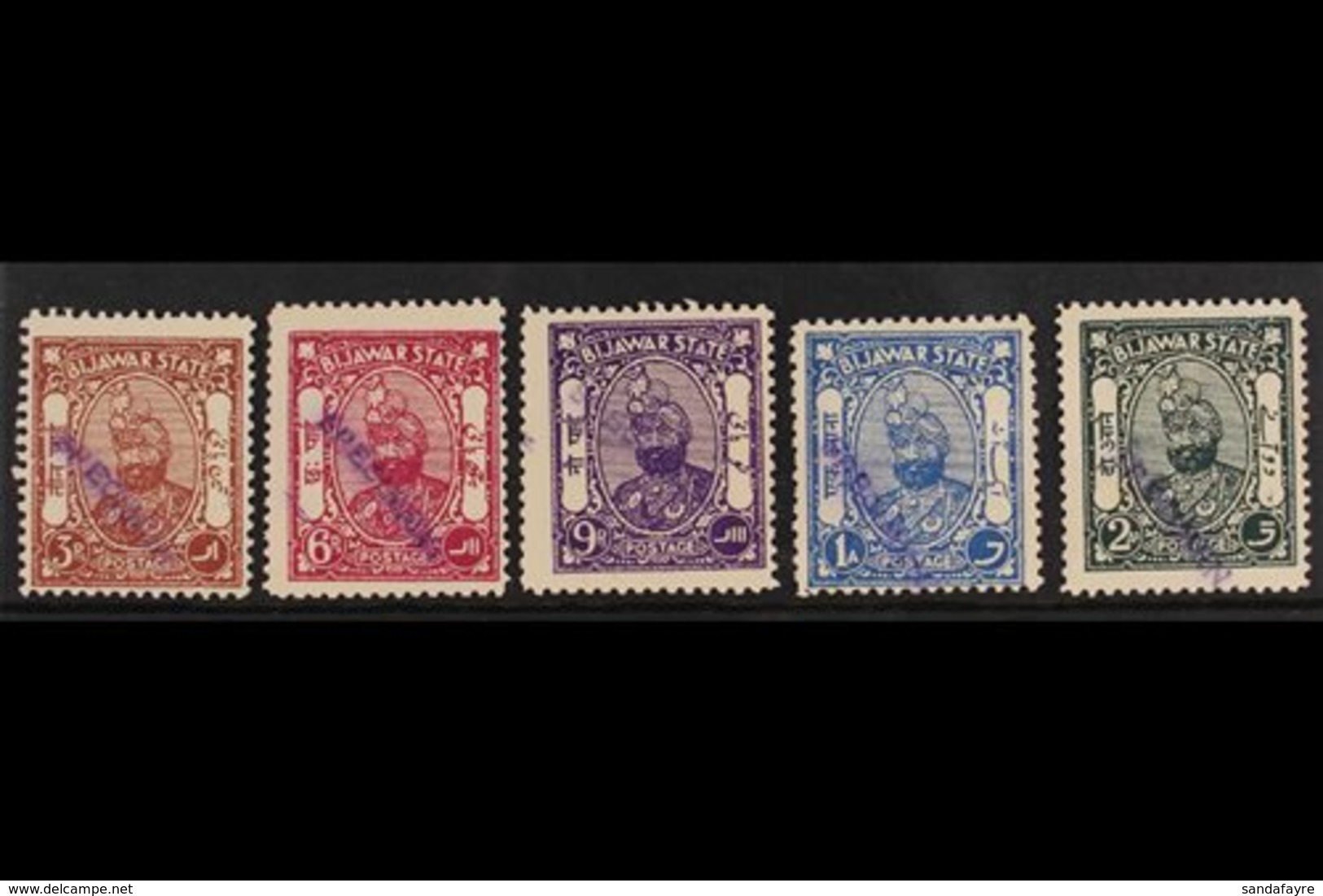 BIJAWAR 1935-36 Maharaja Complete Set With "SPECIMEN" Handstamps In Violet, SG 1s/5s, Unused No Gum, Fresh & Very Rare.  - Autres & Non Classés