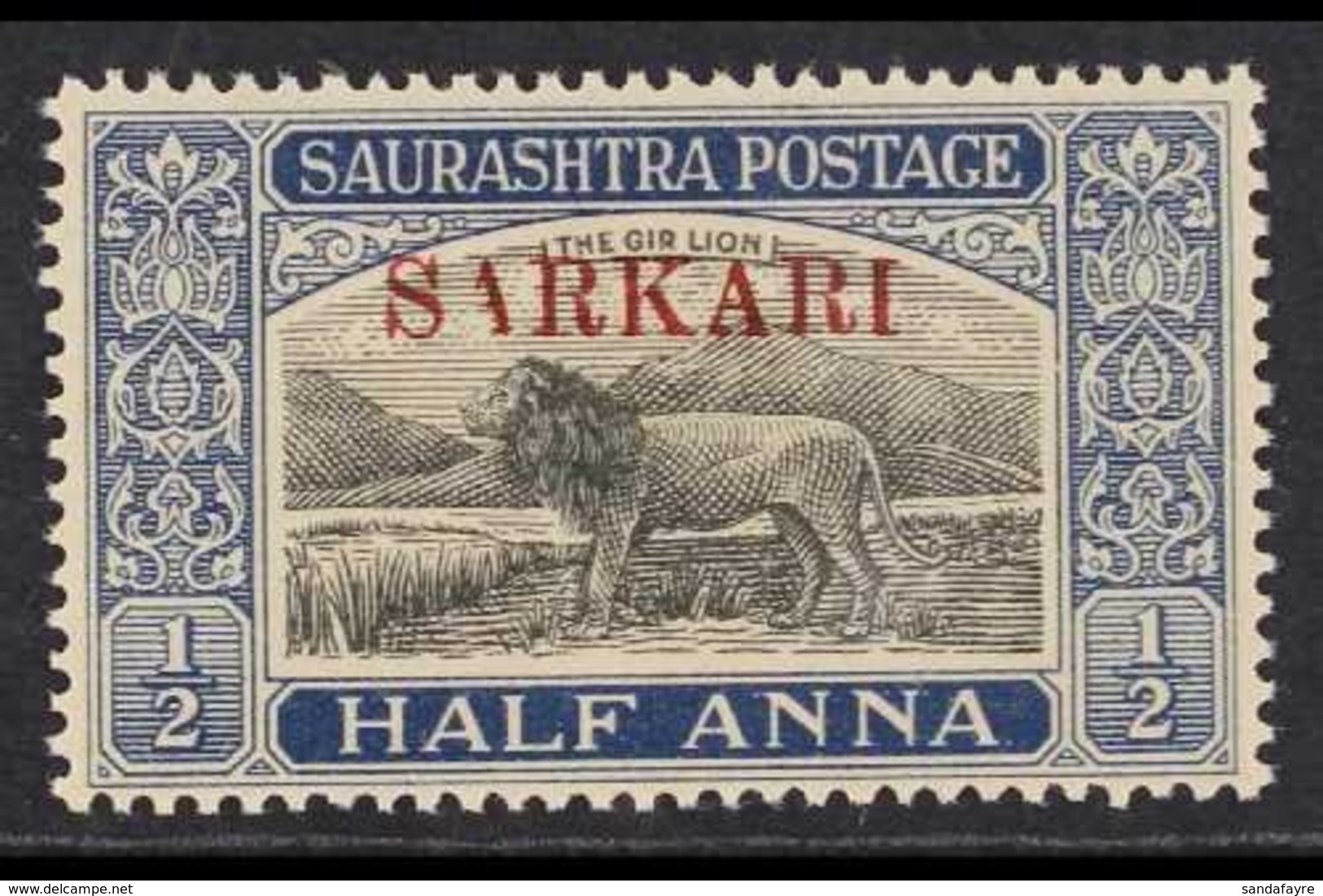 SAURASHTRA OFFICIAL 1949 ½a Black & Deep Blue "SARKARI" Overprint, SG O21, Never Hinged Mint, Showing Damaged First 'A', - Other & Unclassified