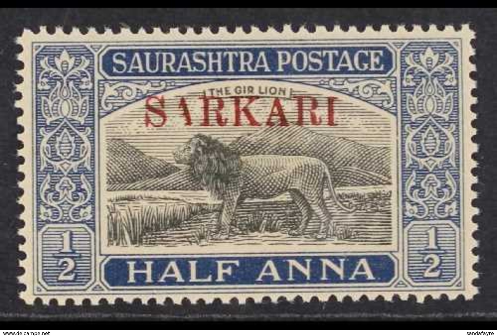 SAURASHTRA OFFICIAL 1949 ½a Black & Deep Blue "SARKARI" Overprint, SG O21, Never Hinged Mint, Showing Damaged First 'A', - Otros & Sin Clasificación