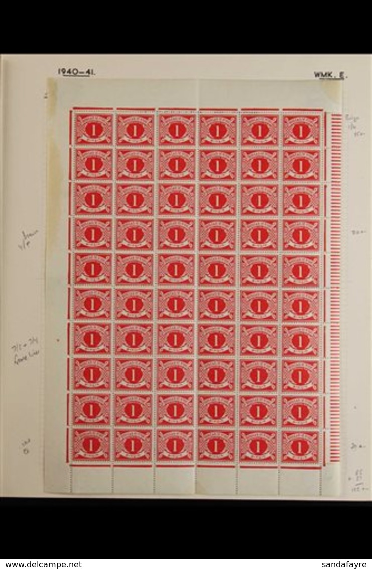 POSTAGE DUE 1941 1d Carmine, Hib, PD6, SG D6, COMPLETE SHEET OF 60, Showing Varieties R1/6 Bulge, 4/4 Break, 7/2 & 7/4 F - Other & Unclassified