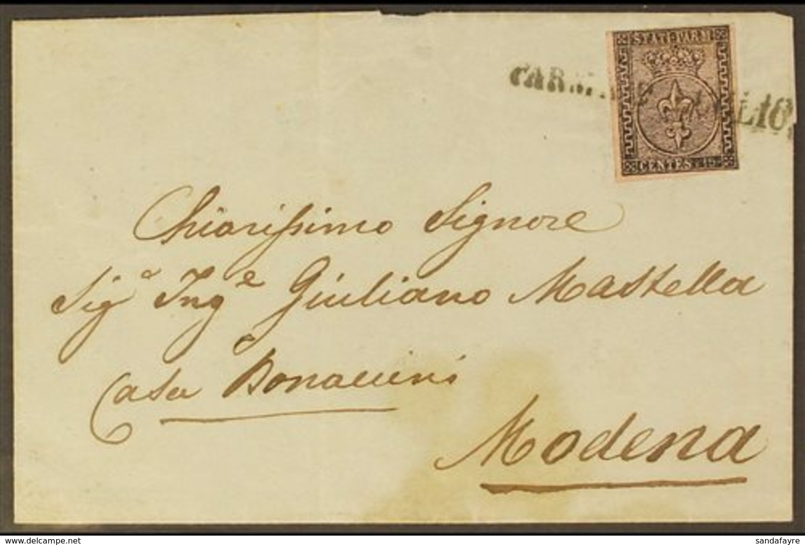 PARMA 1856 Cover To Modena Franked 1852 15c, Sass 3, Very Fine Used With Clear To Large Margins All Round And Tied With  - Non Classés