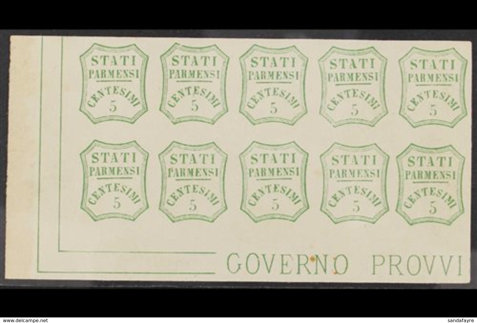 PARMA FORGERIES. 1859 5c Green (as Sassone 13) Corner Block Of 10 On Gummed Paper Showing "Governo Provvi" Imprint. (10  - Unclassified