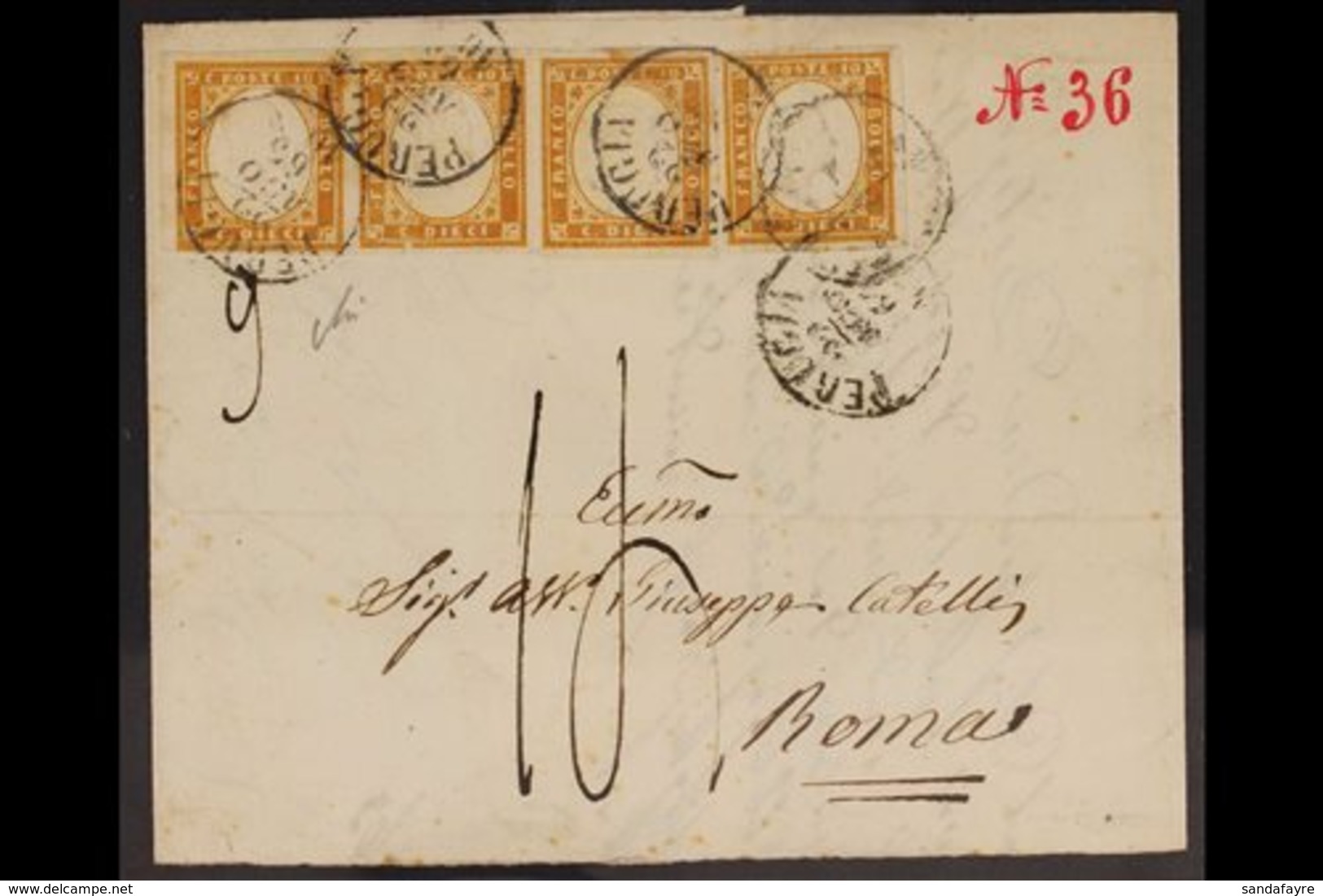 SARDINIA 1863 (22 Aug) EL From Perugia To Rome Bearing A Strip Of Three + Single Example Of The 1863 10c Bistre (Sassone - Unclassified