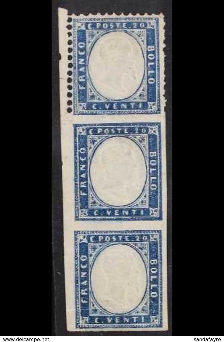 1862 20c Indigo, Vertical Marginal Strip Of 3, The Top Stamp Perforated On 3 Sides, The Bottom 2 Stamps Without Perforat - Sin Clasificación