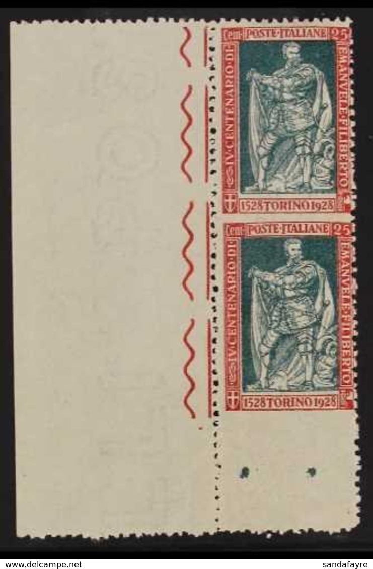 1928 25c Carmine And Green, Filiberto, Marginal Vertical Pair, Variety "imperf Between And At Base", Sass 227o, Superb N - Unclassified