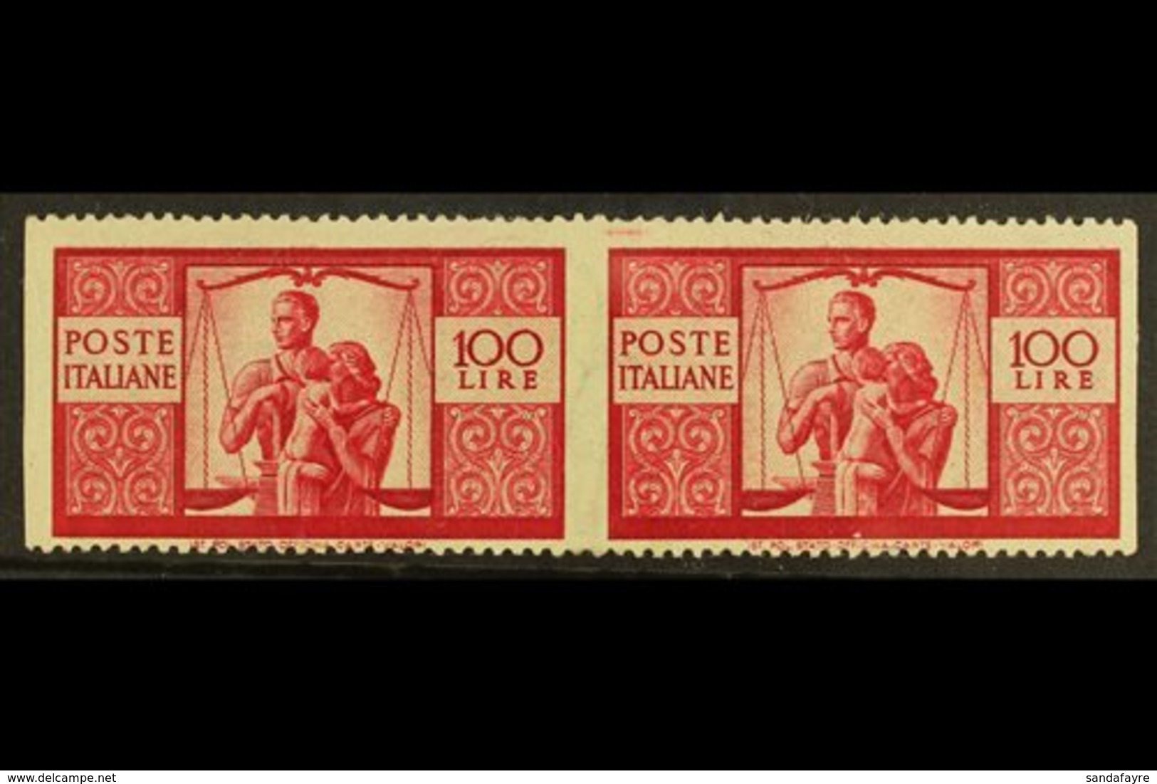 1945 100L Bright Carmine "The Family", Horizontal Pair Variety "imperf Vertically", Sass 565ao,  Very Fine NHM. Signed O - Non Classificati