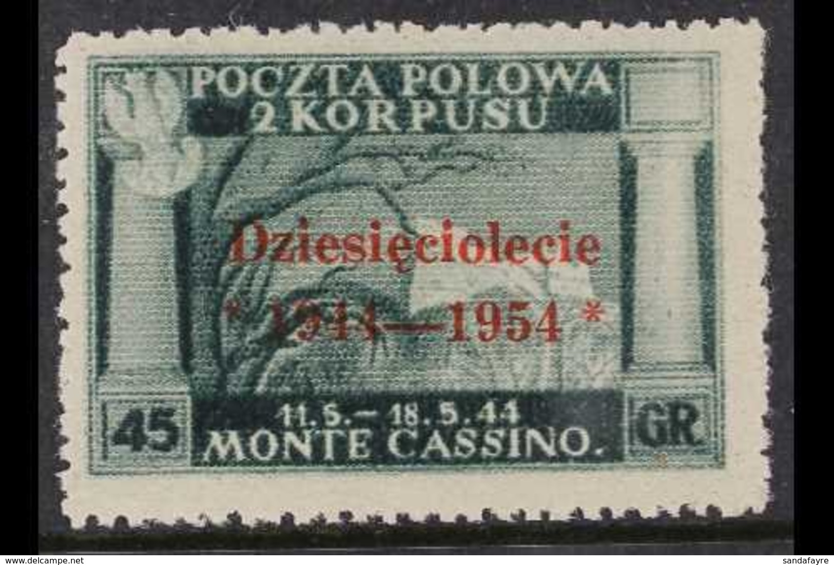 POLISH ARMY IN ITALY EXILE GOVERNMENT IN LONDON 1954 45g dark Green Anniv Of Battle Of Monte Cassino VERMILION OVERPRINT - Non Classés