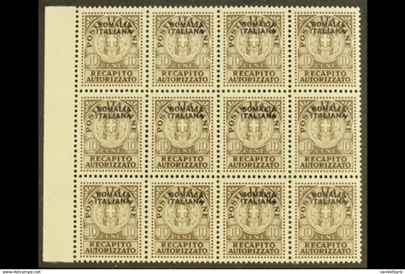 SOMALIA 1939 10c Brown Recapito Autorizzato, Sass 1, Superb NEVER HINGED MINT Marginal Block Of 12. Each Signed Stamp Di - Altri & Non Classificati