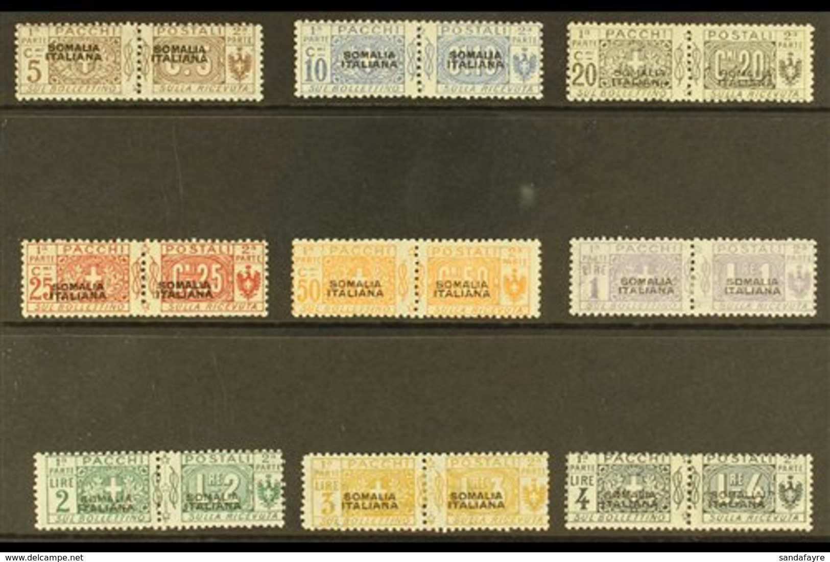 SOMALIA PARCEL POST 1917-19 Overprints Complete Set (Sassone 1/9, SG P23/31), Fine Mint Horizontal Pairs, The Key 20c &  - Altri & Non Classificati