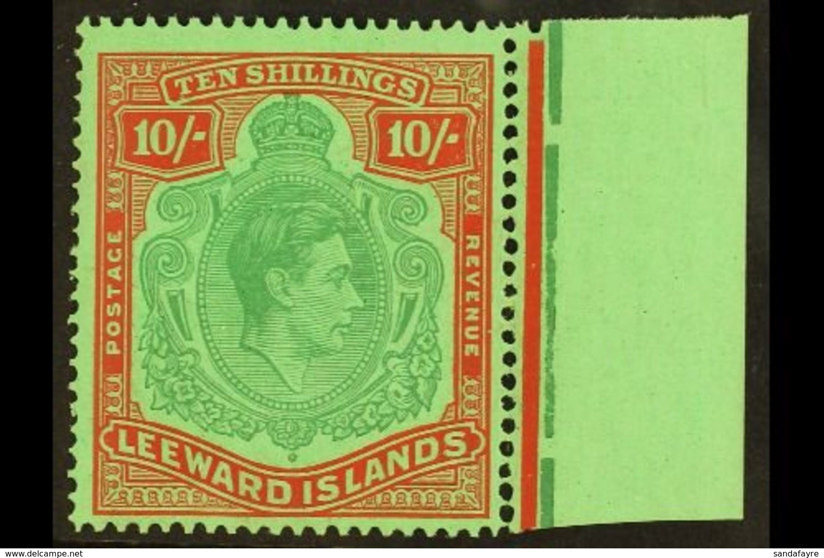 1938-51 10s Bluish Green And Deep Red On Green Key Type Chalky Paper Position 24, SG 113, Fine Never Hinged Mint Margina - Leeward  Islands